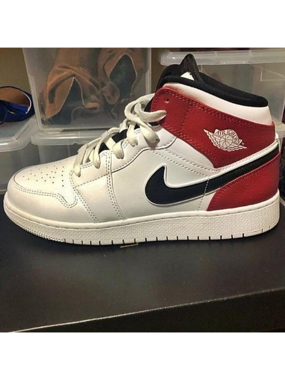 jordan 1 Mid red, white, and black sneakers❤️